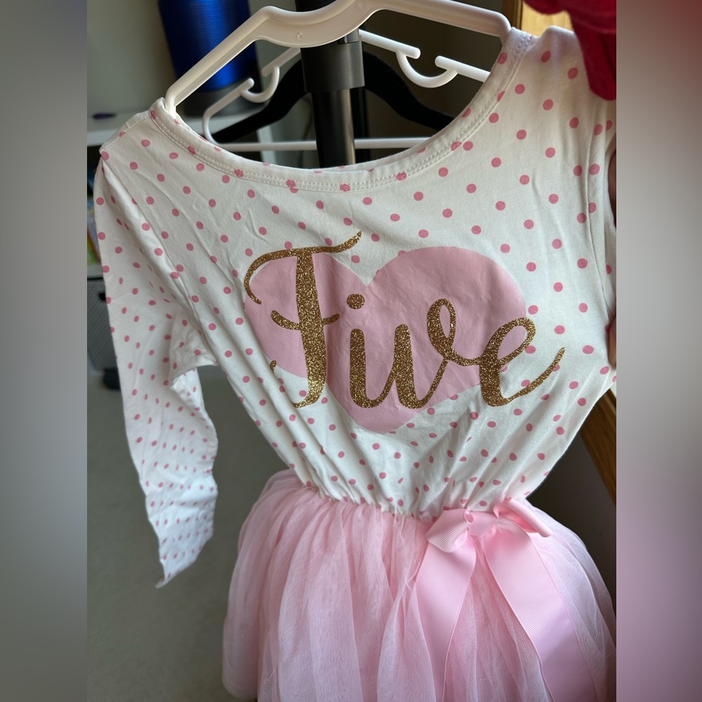 Girls 5 year old birthday dress, pink and gold with tutu